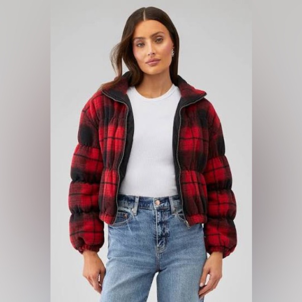 BB Dakota X Steve Madden Red and Black Plaid Flannel Puffer Jacket (Size XL)